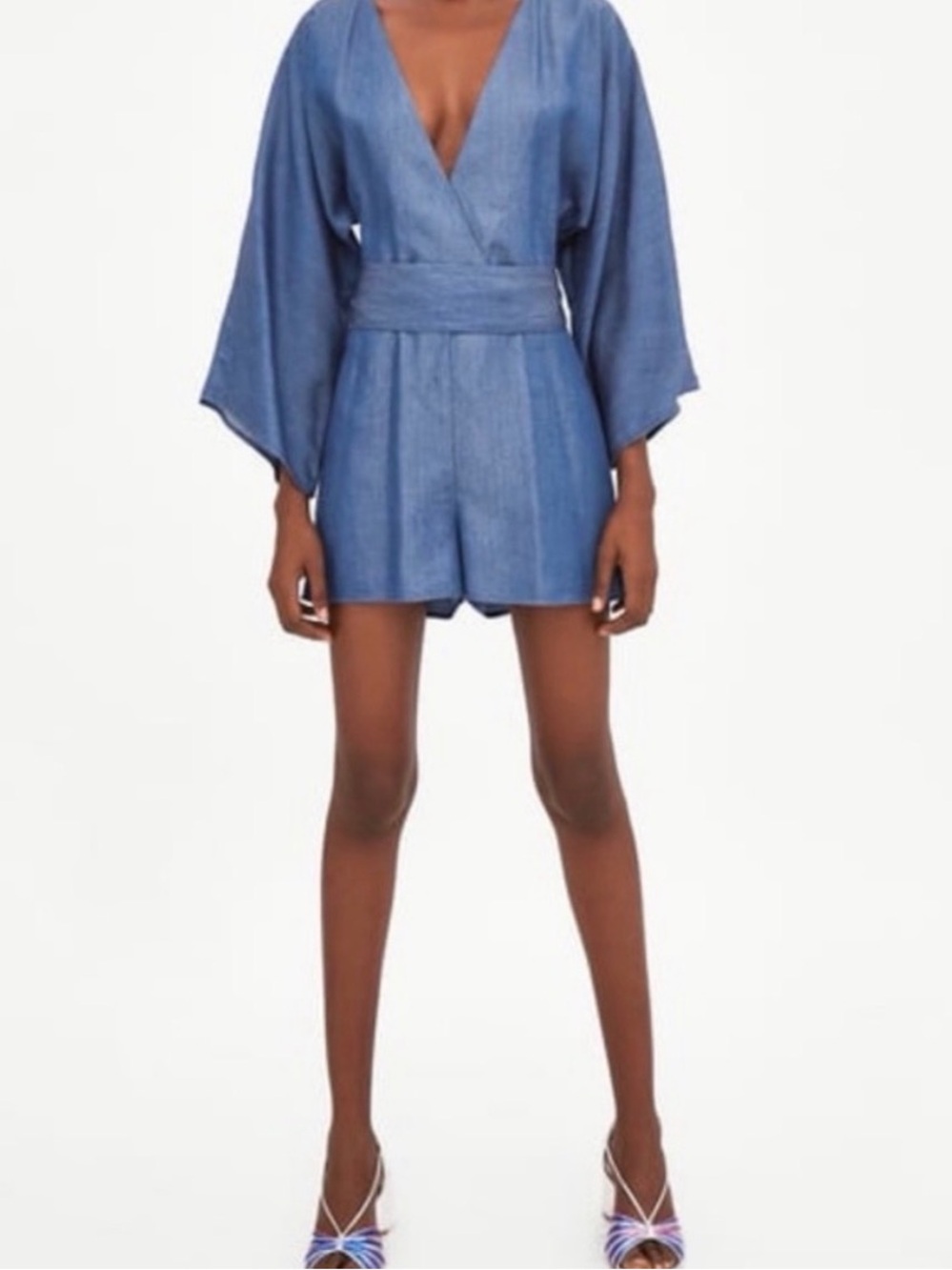 Zara Blue Denim V-Neck Romper with Wide Waistband